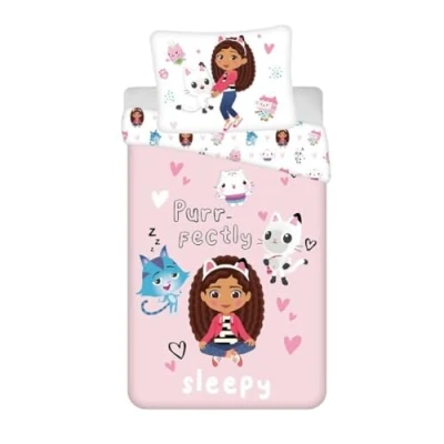 Image of Gabby et la Maison Magique Bedding Set, Single Duvet Cover 140 x 200 cm + Pillowcase 65 cm, Polycotton, Pink
