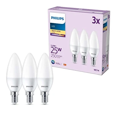 Image of PHILIPS LED Frosted B35 Candle Light Bulb 3 Pack [Warm White 2700K E14 Small Edison Screw] 25W, Non Dimmable. for Home Indoor Lighting