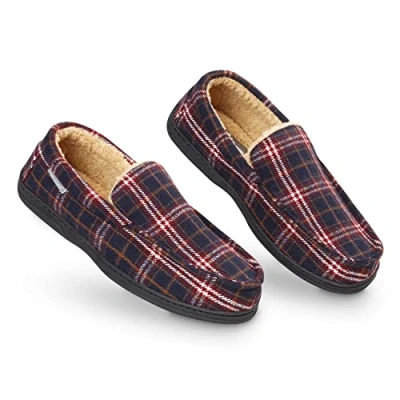 Image of DUNLOP Moccasins Slippers Men Loafers Faux Fur Rubber Sole Memory Foam House Indoor Shoes Gifts For (NavyBurgundy, 10 UK)