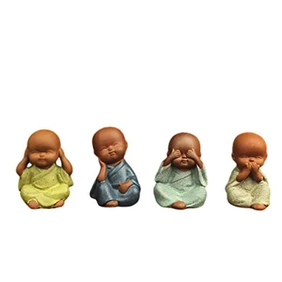 Image of HEALLILY 4 Pcs Little Monk Figurine Cute Miniature No Hear See Speak Evil Statue Lucky Baby Buddha Cake Topper Desk Car Ornament (Mixed Style)