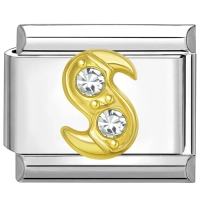 Image of Quiges 9mm Italian Style Charm Link Module Stainless Steel Zirconia Gold Alphabet Letter S for Bracelets