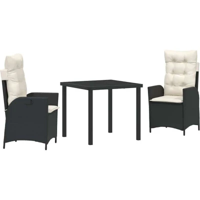 Image of vidaXL 3 Piece Garden Dining Set with Cushions Black Poly Rattan