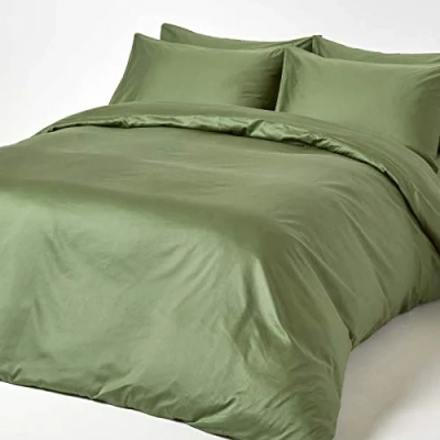 Image of HOMESCAPES Green Organic Cotton Duvet Cover Set Super King Size 400TC 600 Thread Count Equivalent Quilt Bedding 2 Pillowcases Included