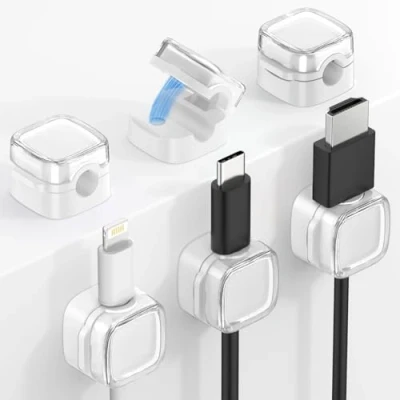 Image of MoKo 6 Pack Magnetic Cable Clips, Under Desk Management, Adhesive Cord Holder, Organizer Wire Holder Keeper for Nightstand Office Car Wall Glass, White