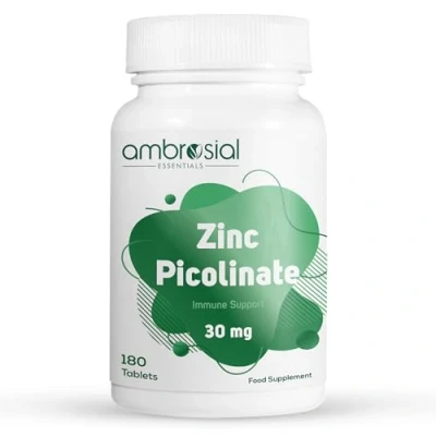 Image of Ambrosial Zinc Picolinate 30mg Tablets High Strength Supplements for Immune Support Gluten Free Mineral Supplement Skin, Hair, Nails, Bones &amp; Acne 180