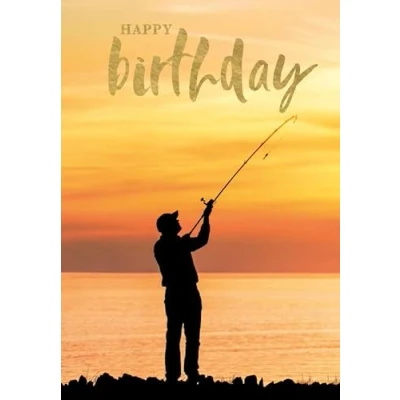 Image of Abacus Cards Sunset Fishing Rod Happy Birthday Card Gold Foil Ocean Greeting