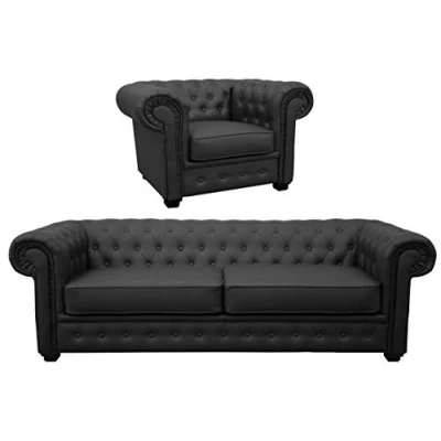 Image of Chesterfield Style Venus Sofa 3 Seater 2 Armchair Black Faux Leather (3+1 Seater)