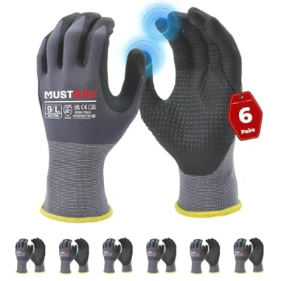 Image of Mustbau 6 Pairs Safety Work Gloves Breathable Nitrile Coated Gloves,Knit Nylon Protective Gloves,Abrasion,Dexterity, Touch Screen, for Most Kinds of Jobs L