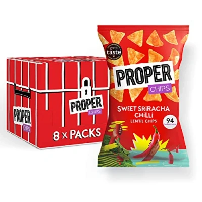 Image of PROPER Lentil Chips, Sweet Sriracha Chilli, Vegan, Gluten Free Snacks, Sharing Bags 85g (8 Packs)