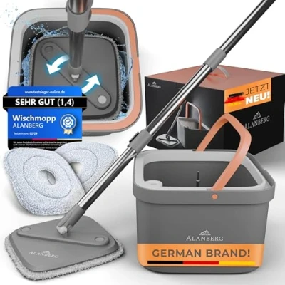 Image of ALANBERG® Mop Set with Bucket 2 Chamber System for Dirt &amp; Fresh Water Separation Self Wringing, Microfiber Pads Floor All Floors, Grey