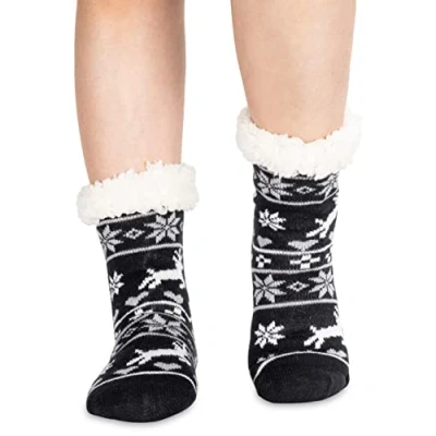 Image of Polar Womens Slipper Socks Soft Fleece Lined With Sole Grips Gift Packaging Snuggly Present For Her Insulated Warm Fluffy Sherpa Lining Reindeer Navy/Light Grey UK 7/8