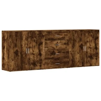 Image of vidaXL Smoked Oak Sideboard Set 3 pcs Engineered Wood Cabinet/Highboard Cupboards Spacious Storage Units for Living Room/Kitchen/Office