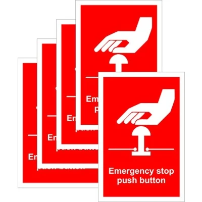Image of Emergency Stop Push Button Safety Sign Self Adhesive Sticker 150mm x 100mm (Pack of 5 Stickers)