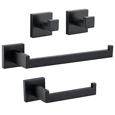 Image of TURS 4 Pieces Black Toilet Accessories,304 Stainless Steel Robe Hooks,Toilet Roll Holder and Towel Rail Set,Chrome Bathroom Accessories,Bathroom Accessory Set Wall Mounted,Matte Finish
