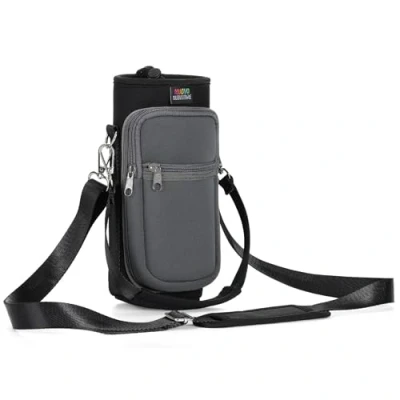 Image of Nuovoware Water Bottle Carrier Bag, 25oz/32oz Holder with Adjustable Shoulder Strap, 2 Pocket Sling Bag Neoprene Sleeve for Hiking, Travelling Black/Gray