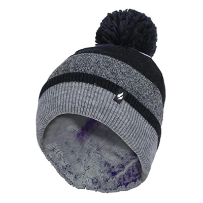 Image of Heat Holders Womens Ladies Warm Knit Fleece Lined Winter Hat with Pom Black / Grey Multicolour One Size