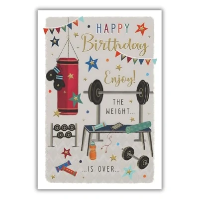 Image of Male Birthday Card for Him General Men Sporty Gym Design Special Finishes and Illustrated Insert Leaf Made in the UK Eco Friendly