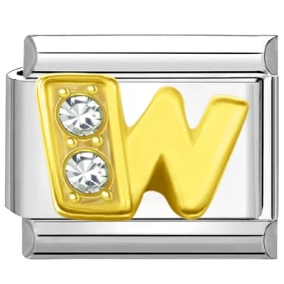 Image of Quiges 9mm Italian Style Charm Link Module Stainless Steel Zirconia Gold Alphabet Letter W for Bracelets