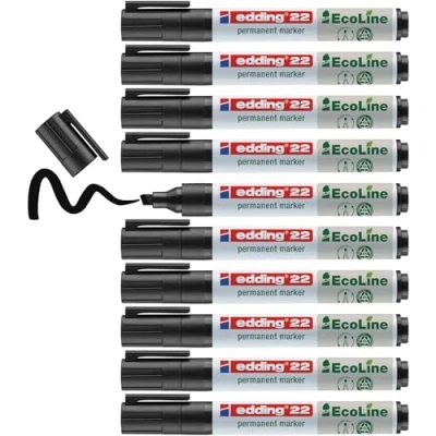 Image of edding 22 Ecoline permanent marker black box of 10 chisel tip 1 5 mm waterproof, quick drying, smear proof pens for cardboard, plastic, glass, wood, metal and fabric refillable