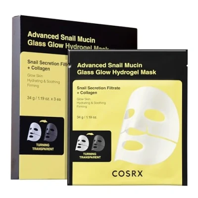 Image of COSRX Advanced Snail Mucin Glass Glow Hydrogel Face Masks Skincare, Collagen Mask, Overnight Peel Off Korean Mask for Hydration Boost, Skin Pack of 3