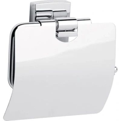 Image of tesa KLAAM Toilet Paper Holder with Lid Chromed Metal for Bathrooms and Guest Toilets Including Self Adhesive Solution without Drilling
