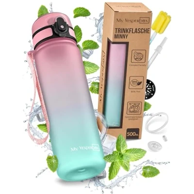 Image of My Vesperbox Minny Children&#039;s Leak Proof Water Bottle, 500 ml, with Straw or Strainer, Lightweight Tritan BPA Free, for Nursery, School (Pink Turquoise, ml)