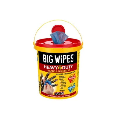 Image of Big Wipes Heavy Duty Pro+ Wipes in Bucket (x240) Textured Dual Sided Hand Wipes with Skincare Cleans Hands, Tools &amp; Surfaces. Heavy Wipes &amp; Industrial Cleaning Products for Tradespeople