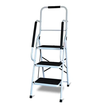 Image of Step Stool with Handrail 3 Steps. Ladder, Non Slip Steps, Portable, Durable and Sturdy, Wide pedal multi use for household office