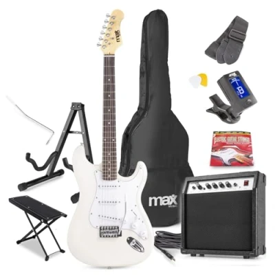 Image of Max Gigkit White Electric Guitar Starter Pack Complete Beginner Guitars Kit with Amplifier, Stand, Footstand &amp; 6 Months Lessons Ideal for