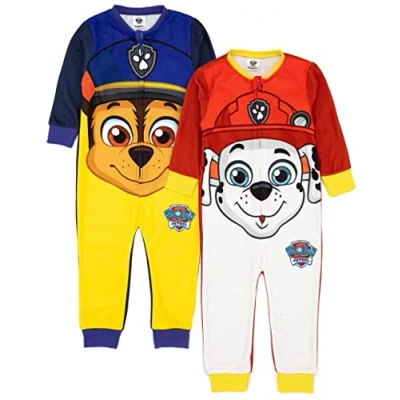 Image of Paw Patrol Onesie 2 Pack Children Toddlers Boys Girls Blue Chase Red Marshall Rescue Pups All In One Pyjamas Fluffy Fleece With Zip