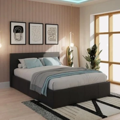 Image of Home Source Classic Faux Leather Side Lift 4FT6 Double Ottoman Storage Beds in Black