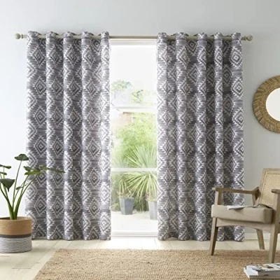 Image of Catherine Lansfield Living Aztec Geo 66x90 Inch Lined Eyelet Curtains Two Panels Charcoal Grey