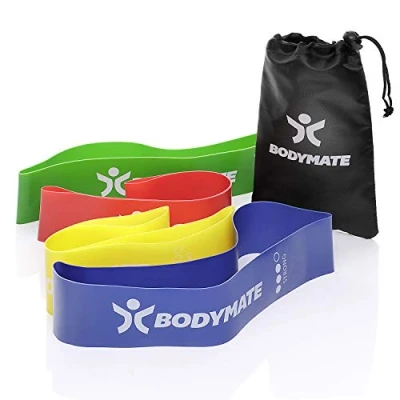 Image of BODYMATE set of 4 Fitness Loop Bands in a carry case levels Resistance 60cm X 5cm Made from Natural Latex For Cross Fit, Core and Functional Training, Pilates, Yoga, Physiotherapy