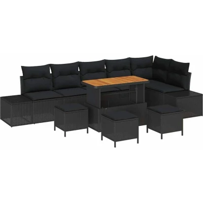 Image of vidaXL 10 Piece Garden Sofa Set with Cushions Black Poly Rattan Acacia