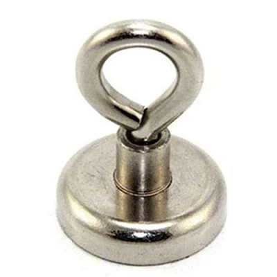 Image of Ferrite Clamping Magnet with M6 Eyebolt for Hanging, Holding or Displaying Items 32mm Diameter x 45mm High 5.8kg Pull North Pack of 10