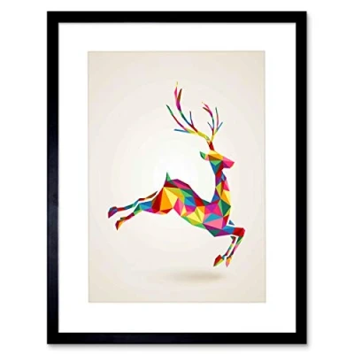 Image of Wee Blue Coo Painting Illustration Leaping Running Deer Polygon Picture Framed Wall Art Print