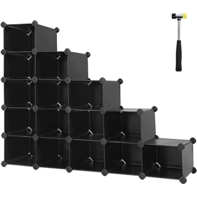 Image of SONGMICS 16 Cube Storage Unit, Shoe Rack, DIY Shelving System, Stackable Cubes, PP Plastic Shelf, Wardrobe, Closet Divider, for Bedroom, Office, 30 x 111.2 86.2 cm, Black LPC44HV1
