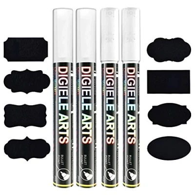 Image of DIGIELE Liquid Chalk Marker Pens, 2pcs 3mm White Pens + 6mm Markers, Reversible Bullet or Chisel tip, Dry Wet Wipe Erase, Pack of 4 with 16 Chalkboard Lables (White)