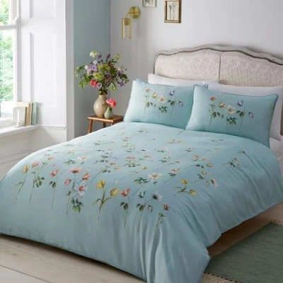 Image of Appletree Blue Floral Duvet Cover Super King Bedding Size (260 x 220cm) Light Flower Soft 100% Cotton Botanical Garden Flowers Print Bed