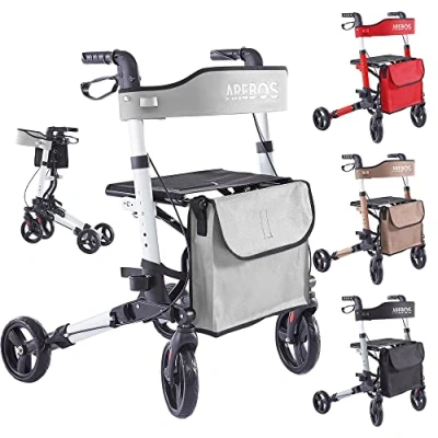 Image of Arebos Lightweight Rollator Flight and Travel Scooter Aluminium 6 Height Adjustable Comfortable Seat Stick Holder Removable Shopping Bag Foldable Ready to Use (Grey)
