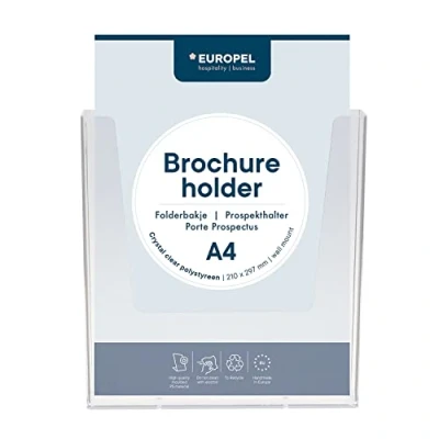 Image of Europel Wall Mounted Brochure Holder for A4 Size Crystal Clear Acrylic Literature Stand &amp; Dispenser Booklet, Flyer Menu Display Office, Restaurants Reception Portrait