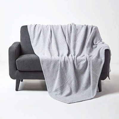 Image of HOMESCAPES Cotton Halden Chevron Grey Throw, 225 x 255 cm