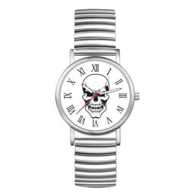 Image of JewelryWe Halloween Elastic Band Watch: Men Women Silver Ultra Thin Expansion Roman Numeral Analog Quartz Student Skull Watch