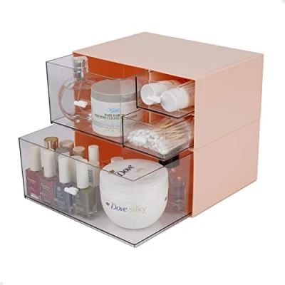 Image of OSteed Desktop Stackable Storage 4 Drawers, Pink Stationery Makeup Desk Organiser Box, Small Plastic Unit with 2 Deep Layers
