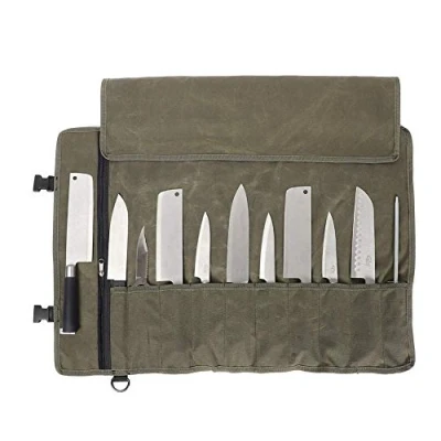 Image of QEES Chefs Knife Roll Bag 11 Slots, Heavy Duty Waxed Canvas Bag, Waterproof Case for Camping, Hiking, Multi function Tool (Army green)
