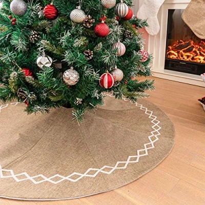 Image of Deggodech 122CM Burlap Christmas Tree Skirt with White Embroidery Decor Jute Xmas Base Covers Mat for New Year Party Holiday Home Decorations (Burlap, 48inches)