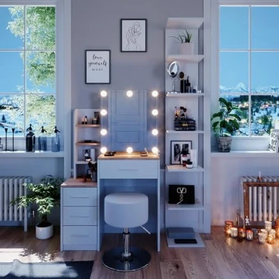 Image of Vicco Vanity table Conrada, White/Sonoma/Sonoma, 80 cm with LED lighting and stool