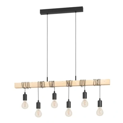 Image of Eglo Townshend 6 Bulb Rise and Fall Pendant Lighting, Industrial Vintage Design Ceiling Light, Retro Steel Wood lamp, Black Brown, E27 Socket