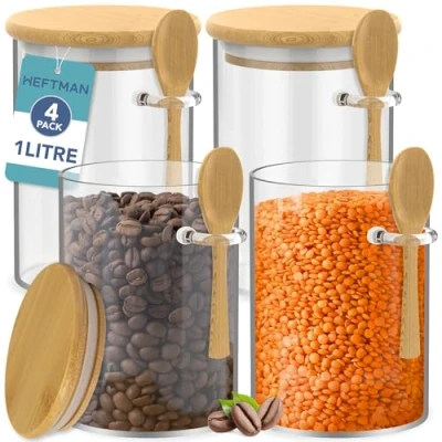 Image of HEFTMAN Glass Jars with Bamboo Lids 1 Litre, 4 Pack Airtight and Spoons for Coffee, Sugar, Spices, Hot Chocolate Station Silicone Seal Storage &amp; Canisters