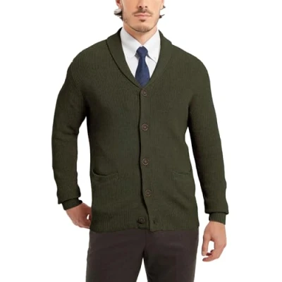 Image of Kallspin Men&#039;s Wool Blended Shawl Collar Button Cardigan Sweater with Pockets (Dark Green, M)